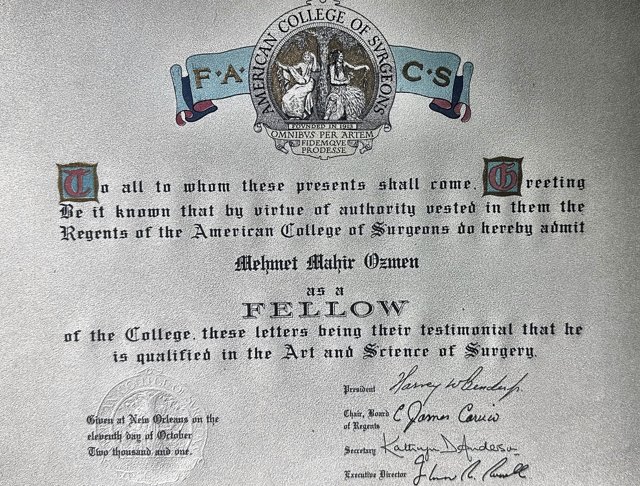 American College of Surgeons Fellowship belgesi — New Orleans, 11 Ekim 2001