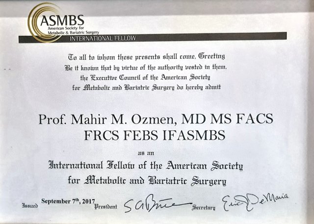 ASMBS International Fellow belgesi — 7 Eylül 2017