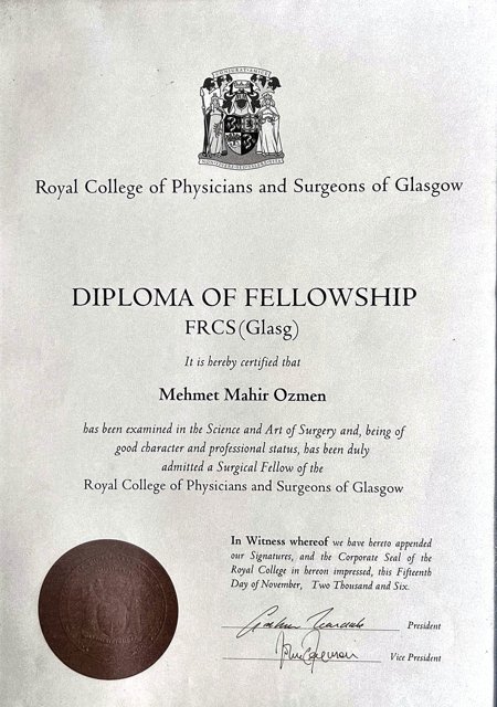 Diploma of Fellowship FRCS (Glasg) — Royal College of Physicians and Surgeons of Glasgow, 15 Kasım 2006