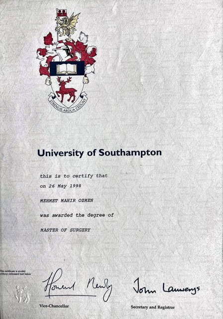 Master of Surgery diploması — University of Southampton, 26 Mayıs 1998