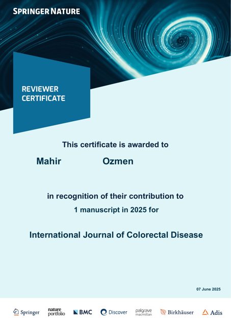 International Journal of Colorectal Disease hakemlik sertifikası — 2025 (7 Haziran 2025)