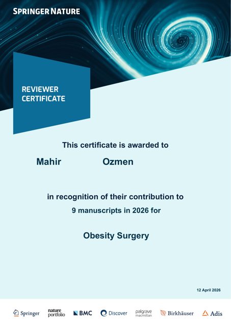 Obesity Surgery hakemlik sertifikası — 2026 yılında 9 makale (12 Nisan 2026)